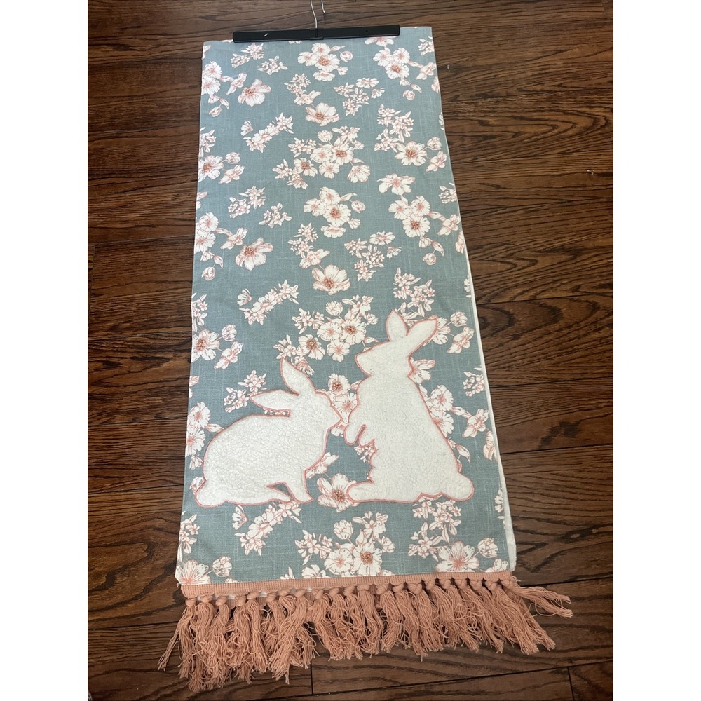 Tahari Home Table Runner Spring Bunny Teal Flowers‎ Fringe 16"x72" NWOT